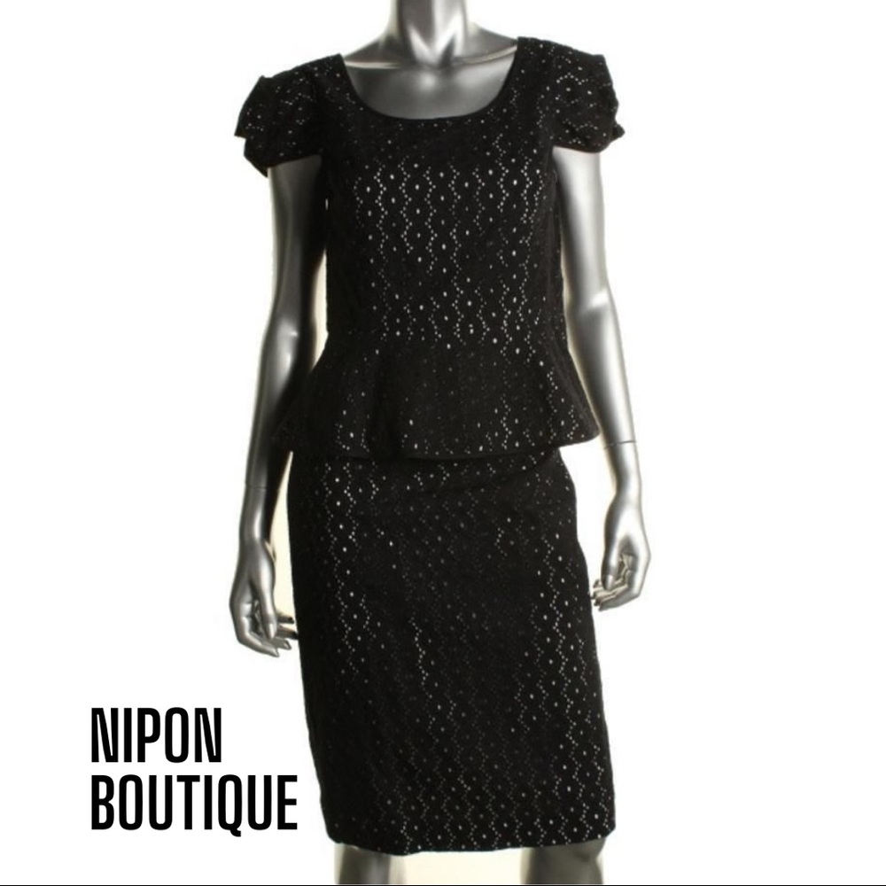 Nipon Boutique NEW Black Lined Eyelet Peplum Cap Sleeve 2-PC Skirt Outfit, 8